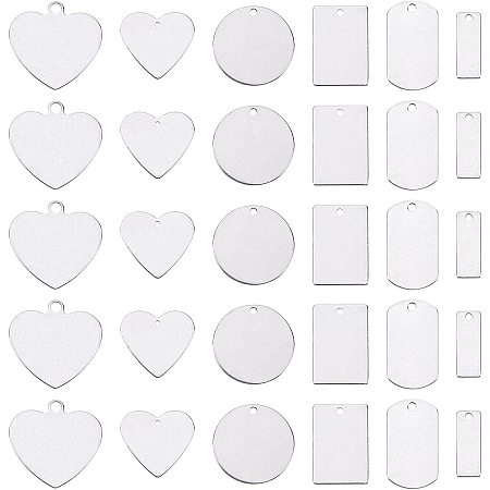 UNICRAFTALE 36pcs 6 Styles Stainless Steel Charms Stamping Blank Tag Pendants, Rectangle / Heart / Flat Round / Mixed Shape Pendants for Bracelets, Necklaces and Earrings Making Craft,1.5 ~ 4mm Hole