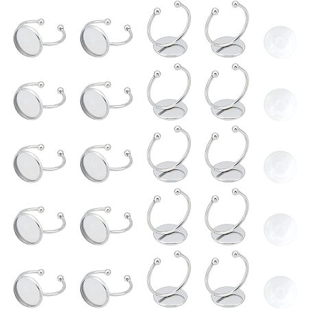 UNICRAFTALE 12mm 10 Sets Cuff Ring Base with Glass Cabochons Size 7 Stainless Steel Rings Bezel Flat Round Cuff Finger Rings for Ring Making Stainless Steel Color