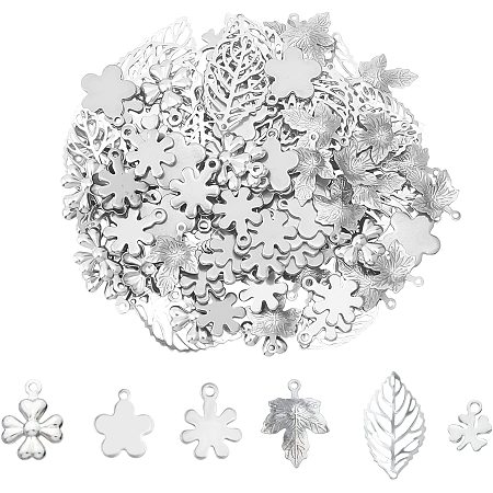 UNICRAFTALE About 120pcs Mixed Shape Plant Charms Hypoallergenic Charms Stainless Steel Pendant 1-1.2mm Metal Charm Pendant for DIY Jewelry Making Stainless Steel Color