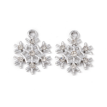 Alloy Crystal Rhinestone Pendants, Snowflake Charm, Platinum, 21x16x2.5mm, Hole: 2mm