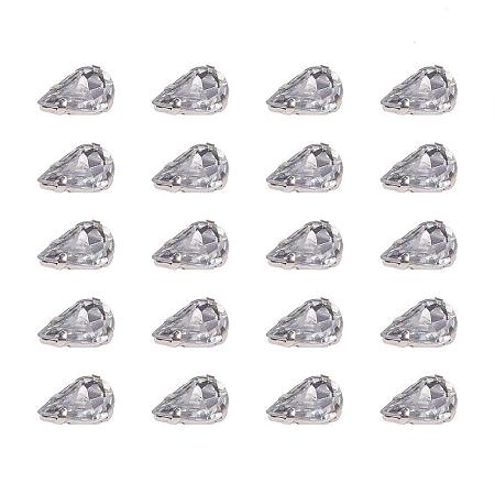 ARRICRAFT 20pcs Clear Teardrop Shape Sew on/Glue on Acrylic Rhinestone Montee Beads with Brass Findings, Platinum Metal Color, 13x8x5.5mm, Hole: 1mm