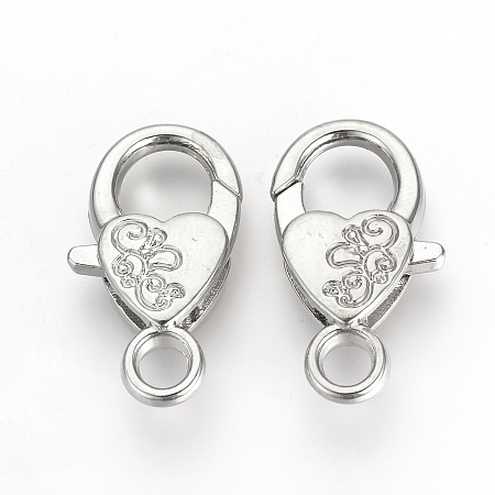 Honeyhandy Alloy Lobster Claw Clasps, Heart, Platinum, 26.5x15x6.5mm, Hole: 4mm