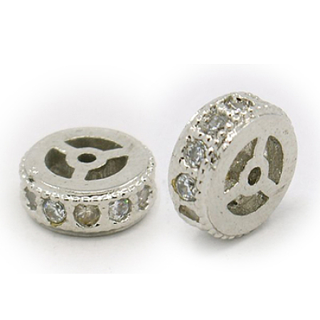Honeyhandy Brass Cubic Zirconia Beads, Flat Round, Platinum, 8x2.5mm, Hole: 1mm
