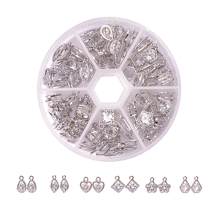 PandaHall Elite 1Box About 60 Pcs Cubic Zirconia Alloy Charms Sets in 6 Styles for Jewelry Making Size 10-15mm Length in Platinum