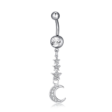 Honeyhandy Piercing Jewelry, Brass Cubic Zirconia Navel Ring, Belly Rings, with 304 Stainless Steel Bar, Lead Free & Cadmium Free, Moon with Star, Clear, Platinum, 55x11mm, Bar Length: 3/8"(10mm), Bar: 14 Gauge(1.6mm)