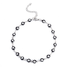 Honeyhandy 304 Stainless Steel Anklets, with Enamel and Lobster Claw Clasps, Evil Eye, Black, Stainless Steel Color, 11-3/8 inch(28.8cm)