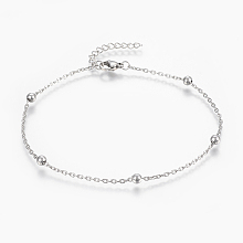 Honeyhandy 304 Stainless Steel Anklets, with Lobster Claw Clasps, Round Beads and Cable Chains, Stainless Steel Color, 9 inch(230mm)