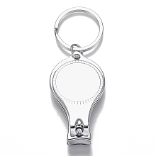 Honeyhandy Iron Nail Clippers and Bottle Opener, with Flat Round Cabochon Settings, Iron Split Key Rings, Platinum, Tray: 25.5mm, 91mm, clippers: 59x32.6x14.5mm, Ring: 32x2.4mm