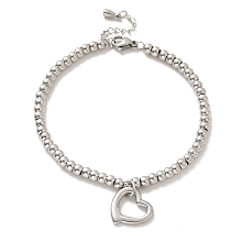 Honeyhandy Tarnish Resistant 304 Stainless Steel Heart Charm Bracelet with 201 Stainless Steel Round Beads for Women, Stainless Steel Color, 8-3/4 inch(22.2cm)