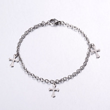 Honeyhandy 304 Stainless Steel Charm Bracelets, Cross, with Lobster Clasp, Stainless Steel Color, 7-1/2 inch~7-7/8 inch(19~20cm), 3mm