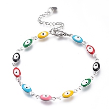 Honeyhandy 304 Stainless Steel Link Bracelets, with Enamel and Lobster Claw Clasps, Evil Eye, Colorful, Stainless Steel Color, 7-7/8 inch(20cm)