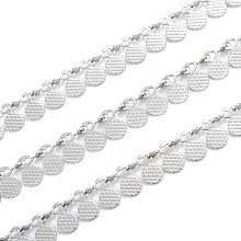 Honeyhandy Handmade 304 Stainless Steel Wafer Charms Chains, Textured, Unwelded, with Spool, Stainless Steel Color, wafer pendant link: 7x6x0.6~2mm, 32.8 Feet(10m)/roll