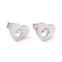 Honeyhandy 304 Stainless Steel Heart with Dog Paw Print Stud Earrings for Women, Stainless Steel Color, 9x11x1.5mm, Pin: 0.8mm