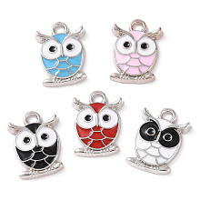 Alloy Enamel Pendants, Owl Charm, Platinum, Mixed Color, 16.5x12x2.5mm, Hole: 1.6mm