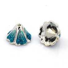 Honeyhandy 5-Petal Antique Silver Tone Alloy Enamel Flower Bead Caps, Dark Turquoise, 15x10mm, Hole: 2mm