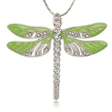 Honeyhandy Alloy Enamel Dragonfly Big Pendants, with Crystal Rhinestone, Platinum, Green Yellow, 57x64x5mm, Hole: 2mm