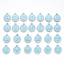 Honeyhandy Initial Letter A~Z Alphabet Enamel Charms, Flat Round Disc Double Sided Charms, Platinum Plated Enamelled Sequins Alloy Charms, Light Sky Blue, 14x12x2mm, Hole: 1.5mm, 26pcs/set