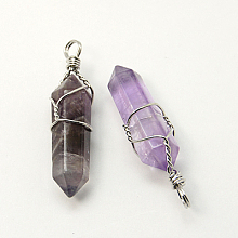 Honeyhandy Natural Amethyst Double Terminated Pointed Pendants, with Brass Pendant Settings, Faceted, Bullet, Platinum Metal Color, 35~45x10~13mm, Hole: 3mm