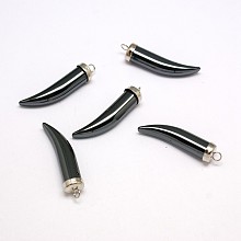 Honeyhandy Non-magnetic Synthetic Hematite Pendants, Grade AA, with Brass Findings, Ivory/Tusk Shape, Platinum, 35.5~37x8x8mm, Hole: 2.5mm