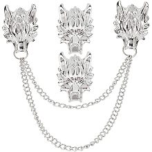 GORGECRAFT 2pcs Wolf Head Long Chain Brooch Lapel Pin for Men Collar Chain Tassel Brooch Pins Coat Suit Clothes Decoration Accessories Husband Anniversary Birthday Gifts Crafts(Sliver)