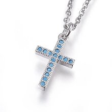 Honeyhandy 304 Stainless Steel Pendant Necklaces, with Cubic Zirconia, Cross, Deep Sky Blue, Stainless Steel Color, 17.71 inch(45cm)