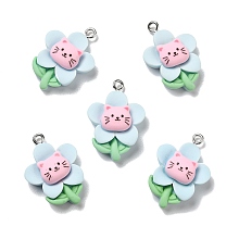 Honeyhandy Opaque Resin Pendants, with Platinum Tone Iron Loops, Flower with Cat, Light Cyan, 26.5x19x8mm, Hole: 2mm