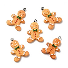 Honeyhandy Opaque Resin Pendants, with Platinum Tone Iron Loops, Imitation Gingerbread, Christmas Theme, Gingerbread Man, Sandy Brown, 30x21x5mm, Hole: 2mm