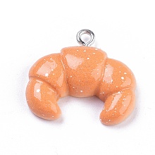 Honeyhandy Resin Pendants, Imitation Food, with Platinum Plated Iron Screw Eye Pin Peg Bails, Croissant, Dark Orange, 22.5x21.5x6mm, Hole: 2mm