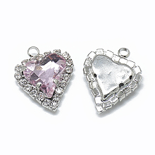 Honeyhandy Glass Rhinestone Pendants, with Platinum Tone Brass Findings, Heart, Light Rose, 21x16.5x6mm, Hole: 2mm