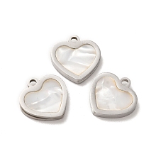 Honeyhandy 304 Stainless Steel Heart Charms, with Shell, Stainless Steel Color, 11x11x2mm, Hole: 1.4mm