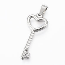 Honeyhandy 304 Stainless Steel Pendants, Key, Stainless Steel Color, 36x15x3mm, Hole: 7x3.5mm