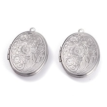 Honeyhandy 316 Stainless Steel Locket Pendants, Photo Frame Charms, Oval with Sakura, Stainless Steel Color, 33.5x23.5x6mm, Hole: 1.8mm, Inner Diameter: 23x16mm