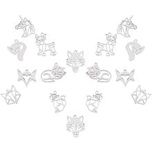 SUNNYCLUE 1 Box 16PCS 8 Style Animal Pendant Stainless Steel Animal Charm Collection Unicorn Wolf Fox Line Shape Pendants for DIY Crafting Supplies Necklace Bracelet Earring, Silver