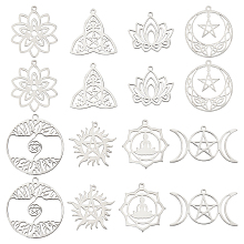 SUNNYCLUE 1 Box 16Pcs 8 Style Tarot Style Lotus Flower Charms Stainless Steel Triple Goddess Moon Pendant Charm Sun Star Chakra Charms for Jewelry Making Charms Earrings Necklace DIY Craft Supplies