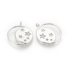 Honeyhandy Brass Pendants, Moon with Star, Nickel Free, Real Platinum Plated, 18x15x1mm, Hole: 1mm