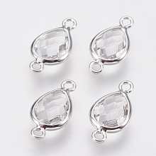 Honeyhandy Glass Links connectors, with Brass Findings, Faceted Teardrop, Nickel Free, Real Platinum Plated, Clear, 14x7x3mm, Hole: 1.2mm