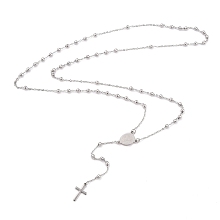 Honeyhandy 304 Stainless Steel Rosary Bead Necklaces For Religion, with Oval with Virgin Mary Link and Cross Pendants, Stainless Steel Color, 62~63cm