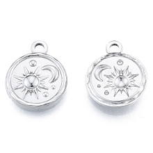 Honeyhandy 201 Stainless Steel Pendants, Flat Round with Sun & Moon, Stainless Steel Color, 19x15.5x2.5mm, Hole: 2mm