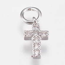 Honeyhandy Brass Micro Pave Cubic Zirconia Tiny Cross Charms, Platinum, 9x5x1.5mm, Hole: 2mm