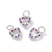 Honeyhandy Brass Micro Pave Cubic Zirconia Charms, Heart, Colorful, Platinum, 11x10x2mm, Hole: 4mm