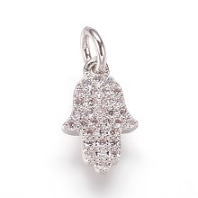 Honeyhandy Brass Micro Pave Cubic Zirconia Charms Pendants, Hamsa Hand/Hand of Fatima, Platinum, 12.5x8x2mm, Hole: 3mm