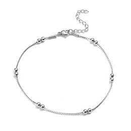 Honeyhandy 304 Stainless Steel Box Chain Anklets, with Round Beads and Lobster Claw Clasps, Stainless Steel Color, 9-7/8 inch(25cm), 1.5mm