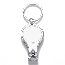 Honeyhandy Iron Nail Clippers and Bottle Opener, with Flat Round Cabochon Settings, Iron Split Key Rings, Platinum, Tray: 25.5mm, 91mm, clippers: 59x32.6x14.5mm, Ring: 32x2.4mm