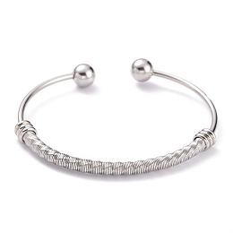 Honeyhandy 304 Stainless Steel Torque Bangles, with Round Immovable Beads, Twisted, Stainless Steel Color, Inner Diameter: 2-1/2x1-7/8 inch(6.3x4.8cm)