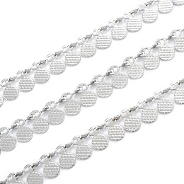 Honeyhandy Handmade 304 Stainless Steel Wafer Charms Chains, Textured, Unwelded, with Spool, Stainless Steel Color, wafer pendant link: 7x6x0.6~2mm, 32.8 Feet(10m)/roll