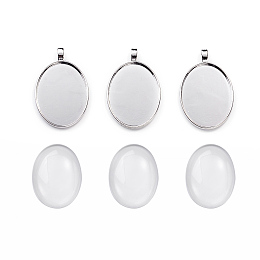 Honeyhandy DIY Pendant Making, with Tibetan Style Alloy Pendant Cabochon Settings and Transparent Oval Glass Cabochons, Platinum, Cabochons: 40x30x7~9mm, Settings: 50x32.5x3mm, hole: 7x4.5mm, 2pcs/set