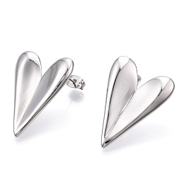 Honeyhandy Heart Brass Stud Earrings for Women, Real Platinum Plated, 29x21mm, Pin: 0.7mm