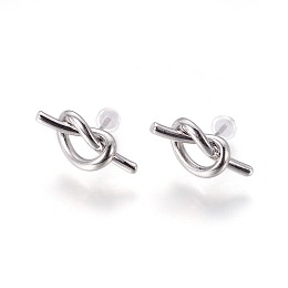 Honeyhandy Brass Stud Earrings, with Plastic Ear Nuts, Long-Lasting Plated, Knot, Platinum, 8x17x4mm, Pin: 0.7mm