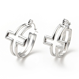 Honeyhandy 304 Stainless Steel Cross Hoop Earrings for Women, Stainless Steel Color, 22x21x14mm, Pin: 0.8mm