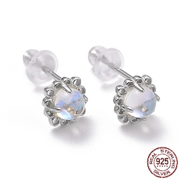 Honeyhandy Rhodium Plated 925 Sterling Silver Stud Earrings, Moonstone Half Round Dainty Earrings for Women, Platinum, 6x6x3.5mm, Pin: 0.8mm